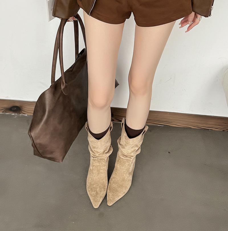 European and American style pointed-toed pleated piled boots women's 2025 autumn fine-heeled short denim bare boots high-heeled temperament short boot