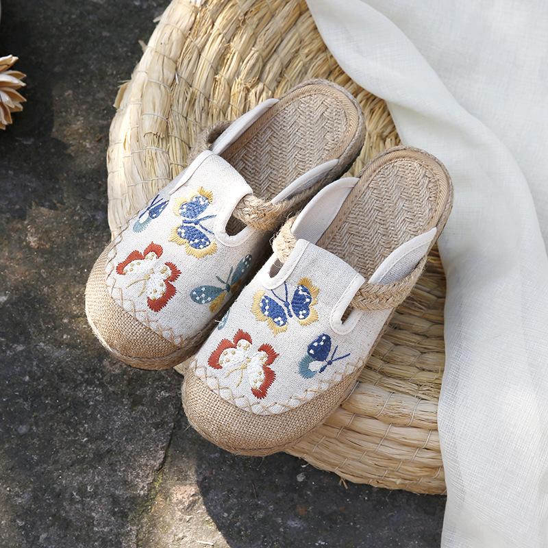 Espadrillas estive da donna, casual, in lino, fatte a mano, con ricami, comode e retrò, in tela.