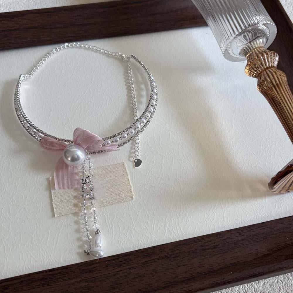 Zinc Zinc Alloy Pearls Rhinestone Choker Tassel Shiny Neck Jewelry Neck Pendant Bow Beads Necklace for Gift