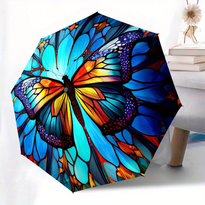 Kolorowa witrażowa motylkowa parasolka, Przenośna, kompaktowa, 3-składana parasolka dla mężczyzn i kobiet, S283