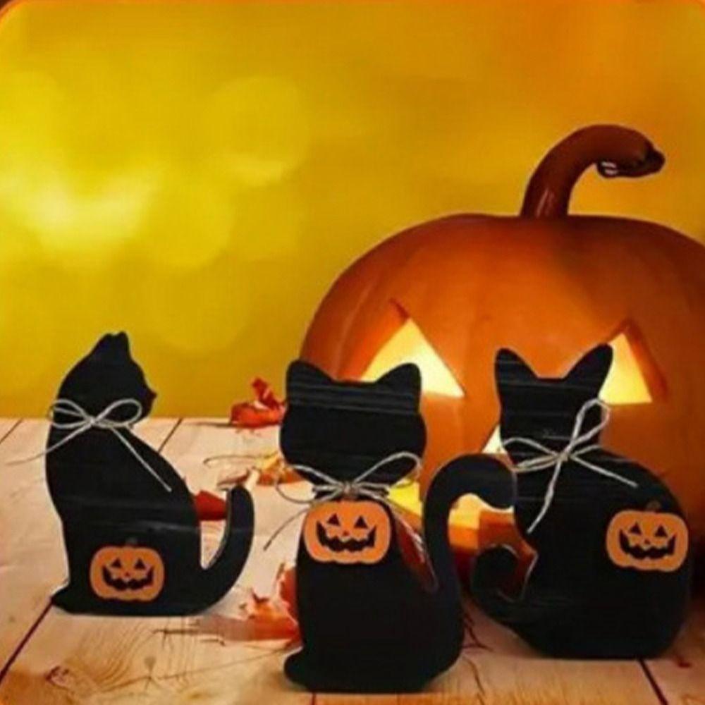3pcs Atmosphere Decoration Wooden Halloween Black Cat Ornament Cute Decorative Cat Sculpture Vivid Animal Statue Farmhouse
