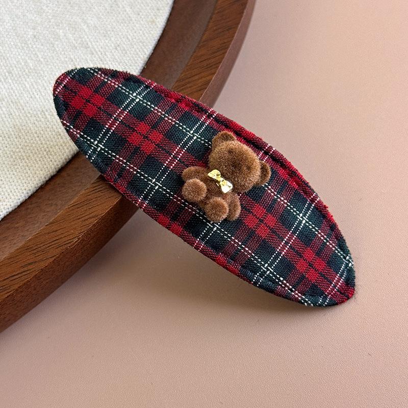 Cute Cartoon Bear Hair Clips Fabric Plaid Side Clip Sweet Girl Oval Bangs Clip Hairpin Barrettes Headwear Hair Accessories 1pc