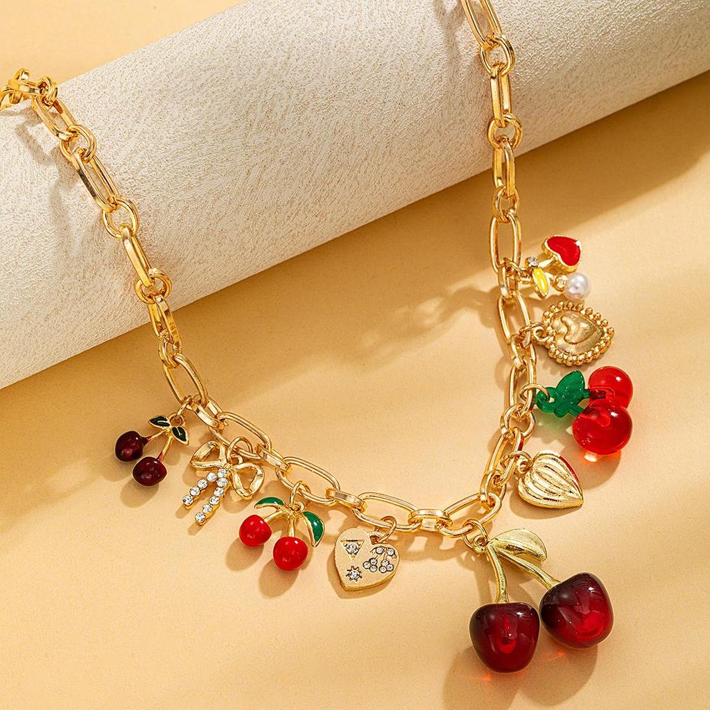 Collana a Catena Paperclip con Ciondolo Cuore e Ciliegia Dolce per Donne