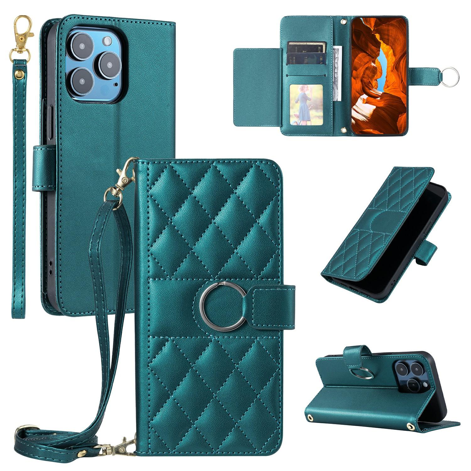 

For iPhone 15 Pro Max Crossbody Leather Case Ring Buckle Wallet Stand Rhombus Mobile Cover B