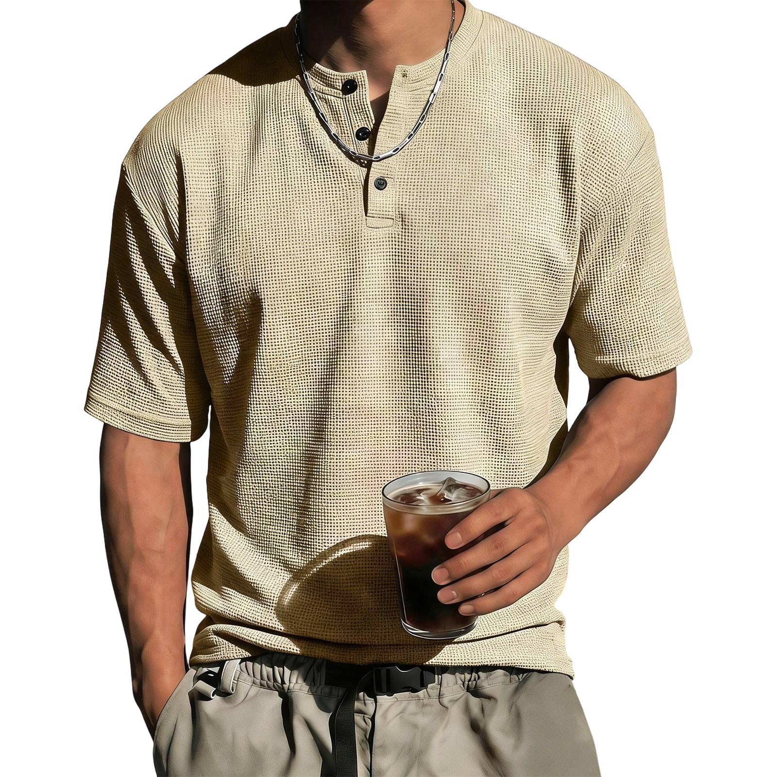 

Men Henley T Shirt Short Sleeve Waffle Knit Cotton Blend Casual Loose Fit Button Front Lightweight Top L