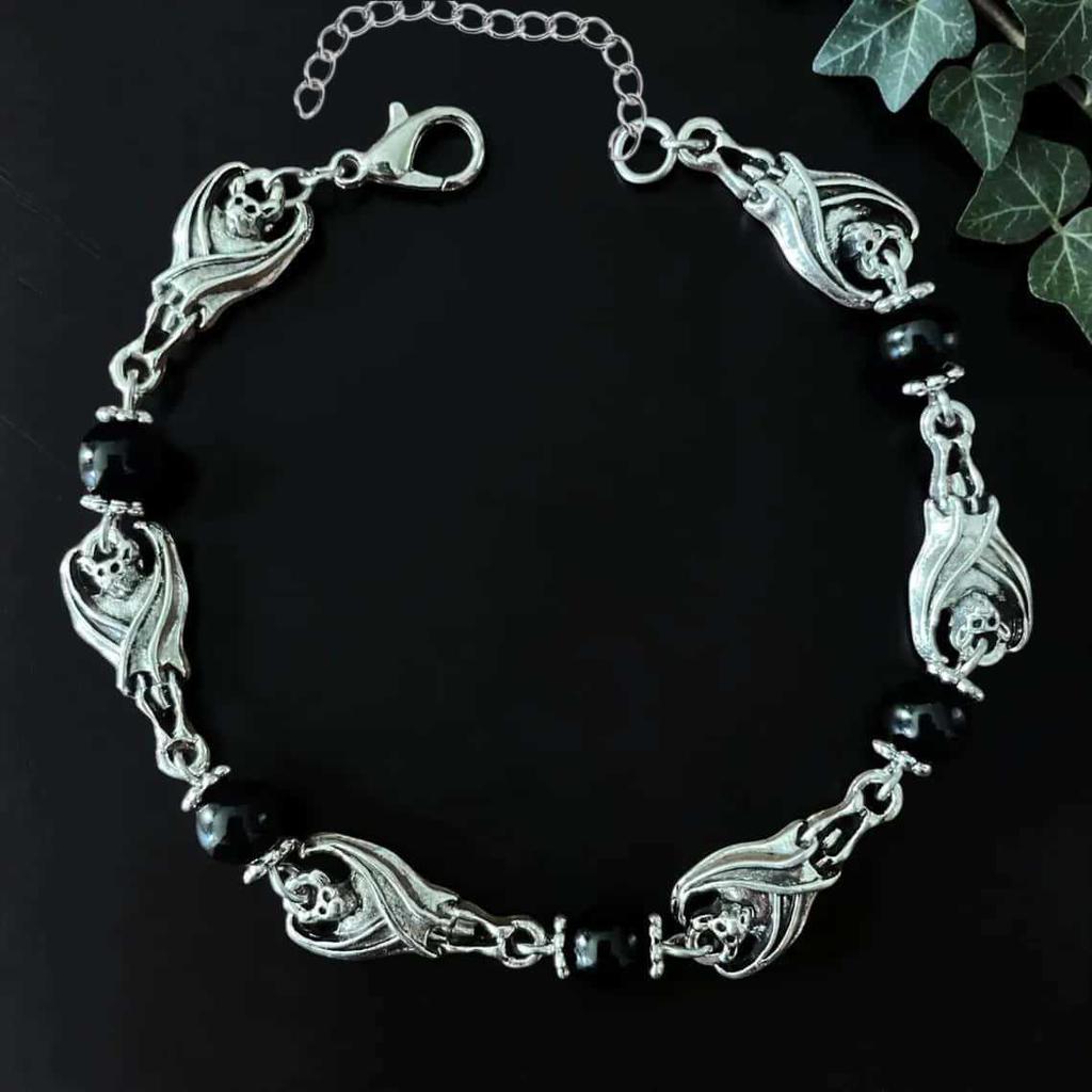 Dark Gothic Silver Color Vampire Bat Black Onyx Bracelets for Women Men Halloween Party Mysterious Comic Convention Jewelry Gift