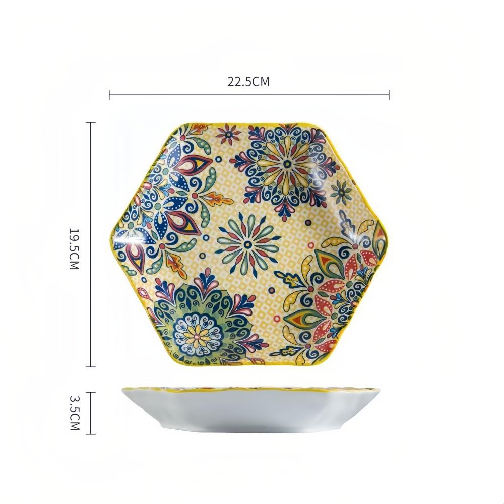 

Under-glaze colored ceramic tableware. Bohemian plate set. Creative hexagonal plate. High-end fish platter for home use. Vegetab 8 inches