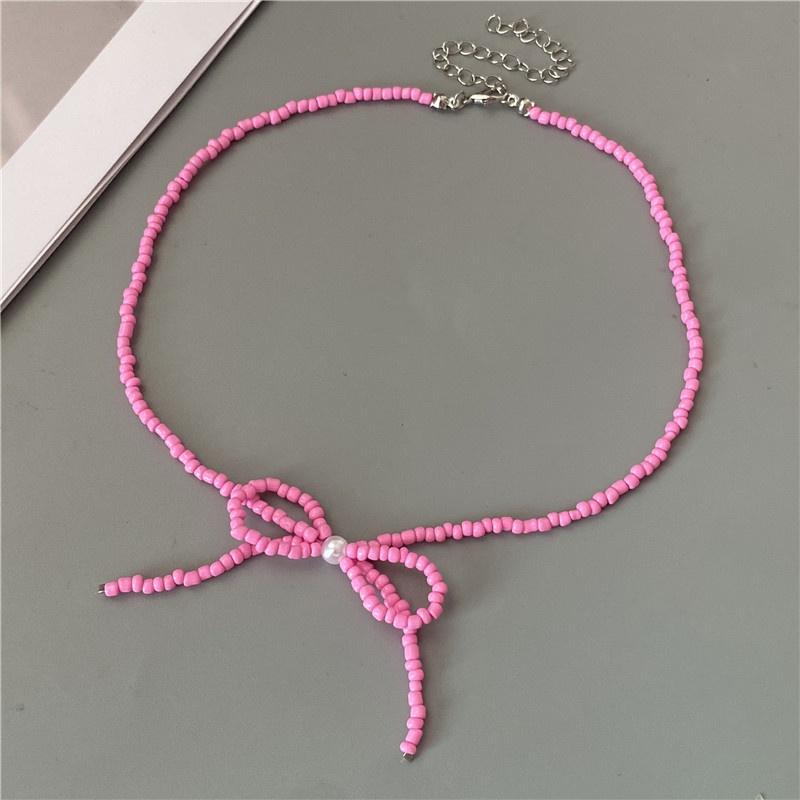 Korean Fashion Knotbow Choker Necklace for Girl Trendy Romantic Handmade Rice Beads Short Neck Jewelry Gift for Friend