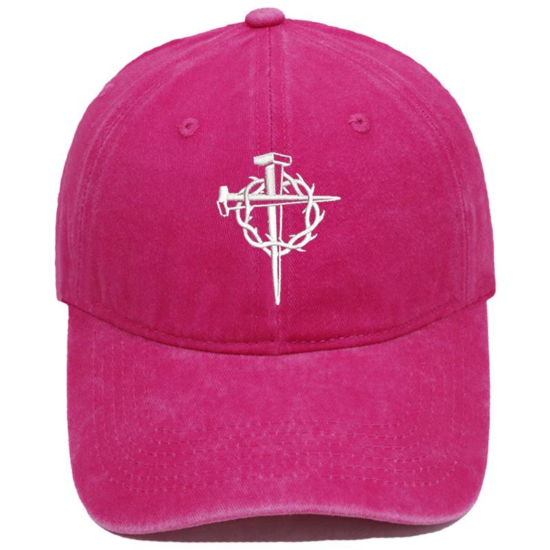 Vintage Washed Crown of Thorns Nail Cross Embroidery Baseball Cap Unisex Adjustable Curved Brim Dad Hat Casual Outdoor Sun Hat