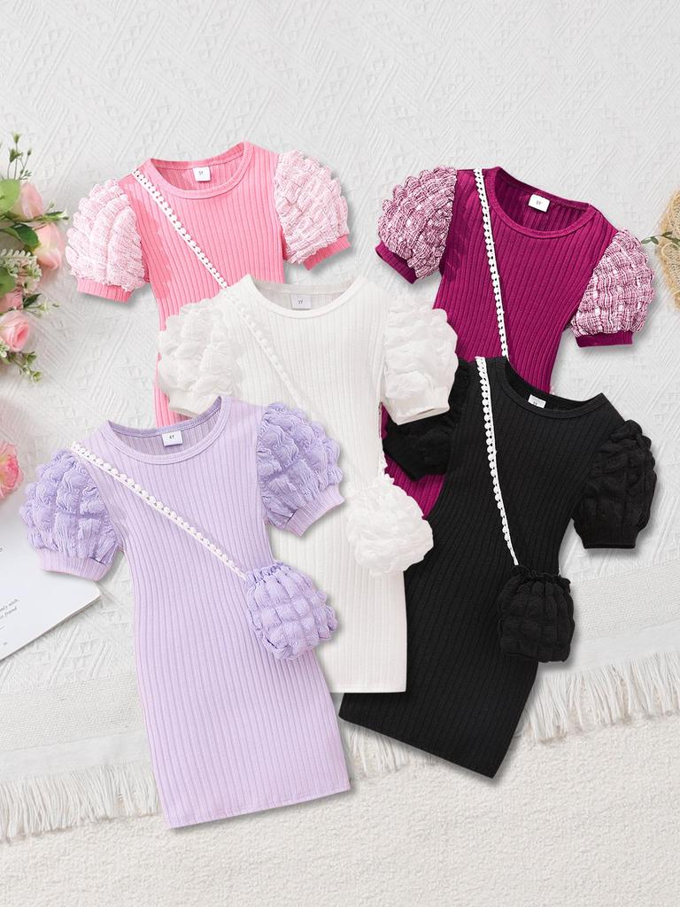 Kids' Lightweight Bubble Dress: Short Sleeve, Round Neck, Solid Color with Bubble Pockets