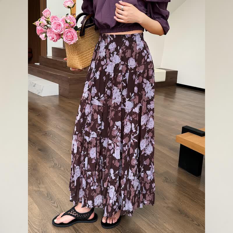 French Romantic Floral Pleated Long Skirt F