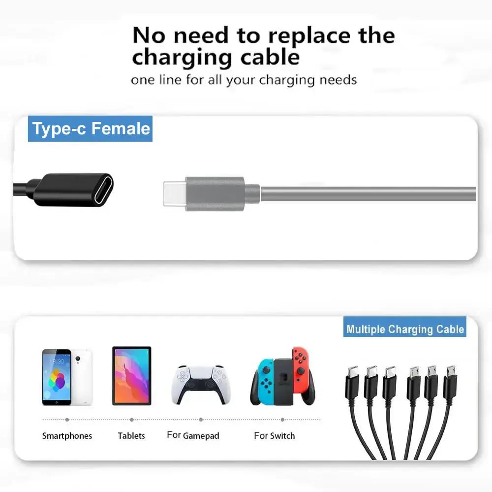 Type C Female to 6 in 1 Multi Charing Cable, Micro USB Splitter Cable 5V 3 in 1 Type C Extension Cord For Phone Tablet and More