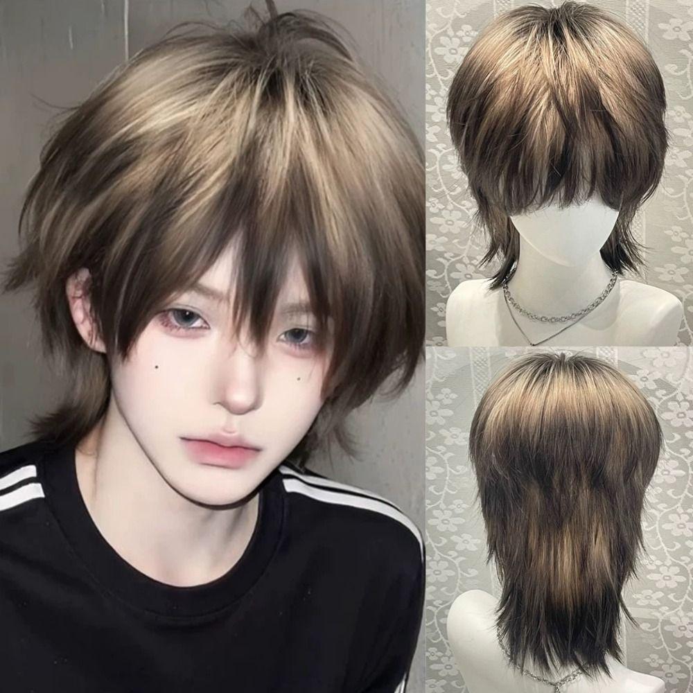 Handsome Anime Cos Wig Siamese Cat Short Gradient Hair Wolf-Tailed Mullet Head Wigs for Boys