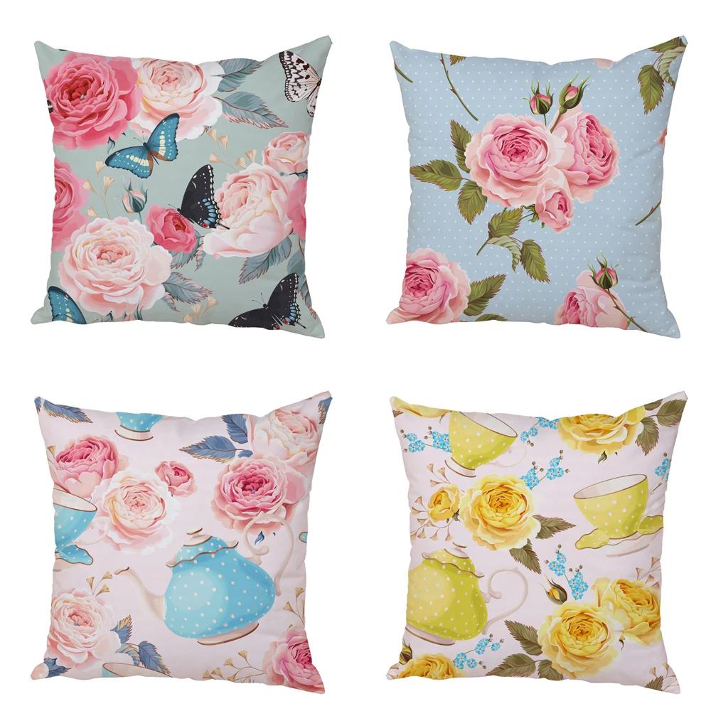 Nordic Style Rose Flower and Birds Pillow Case Cushion Cover for Car Peach Skin Decor Flower Plant Animal Throw Pillowcase