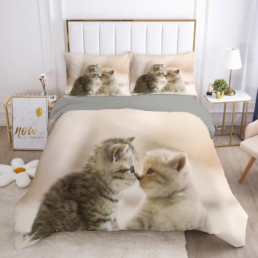 Cat Duvet Cover Set Lovely Animal Kitten Printed Quilt Cover Kids Teens Girl Animal Double Queen King Size Polyester Bedding Set