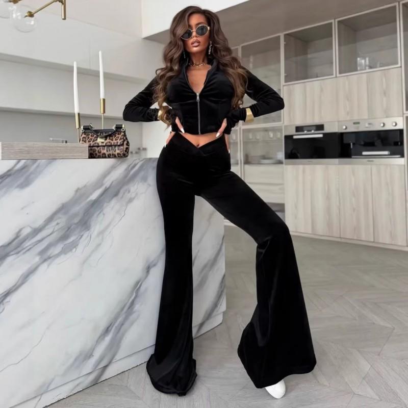 Womens Casual Two-Piece Set: Solid Color Long Sleeve Zip-Up Cardigan Elastic Flare Pants