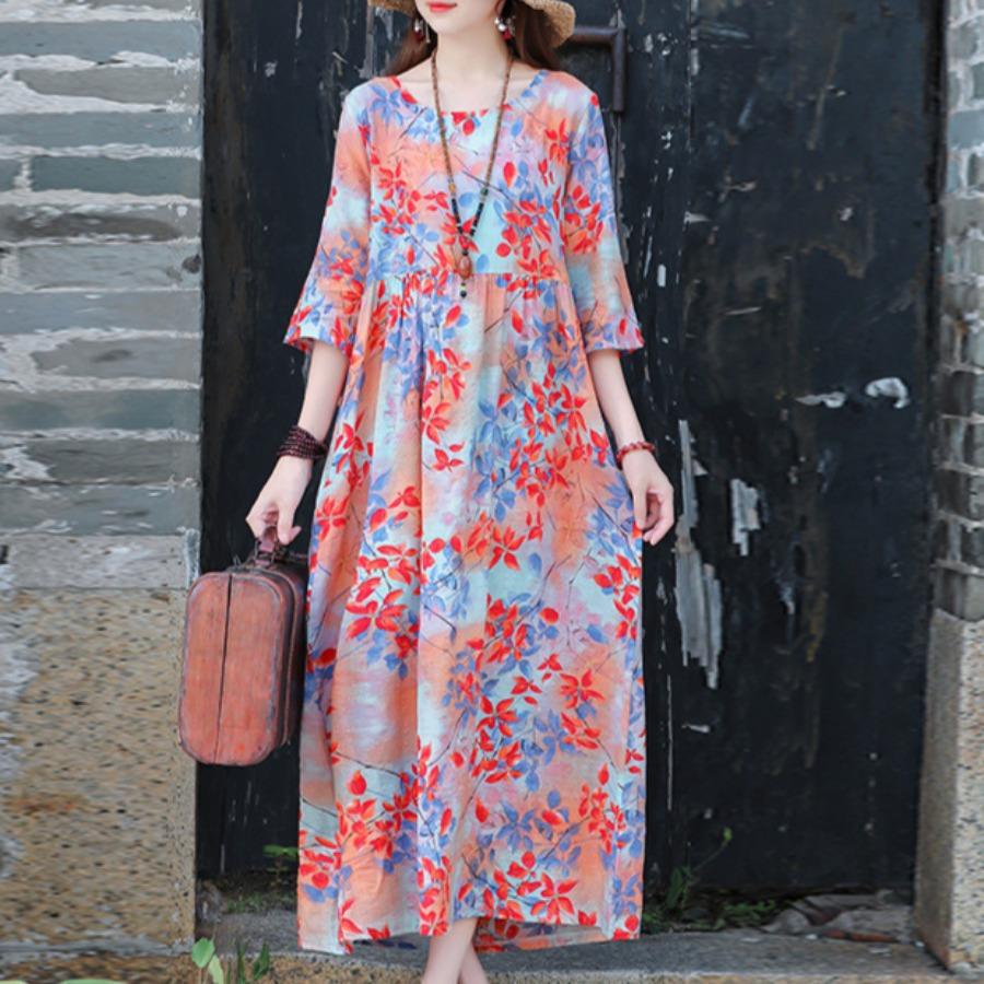 Dámske šaty v etnickom štýle Letné s potlačou veľkých rozmerov nad kolená Dlhé šaty so sedemštvrťovým rukávom