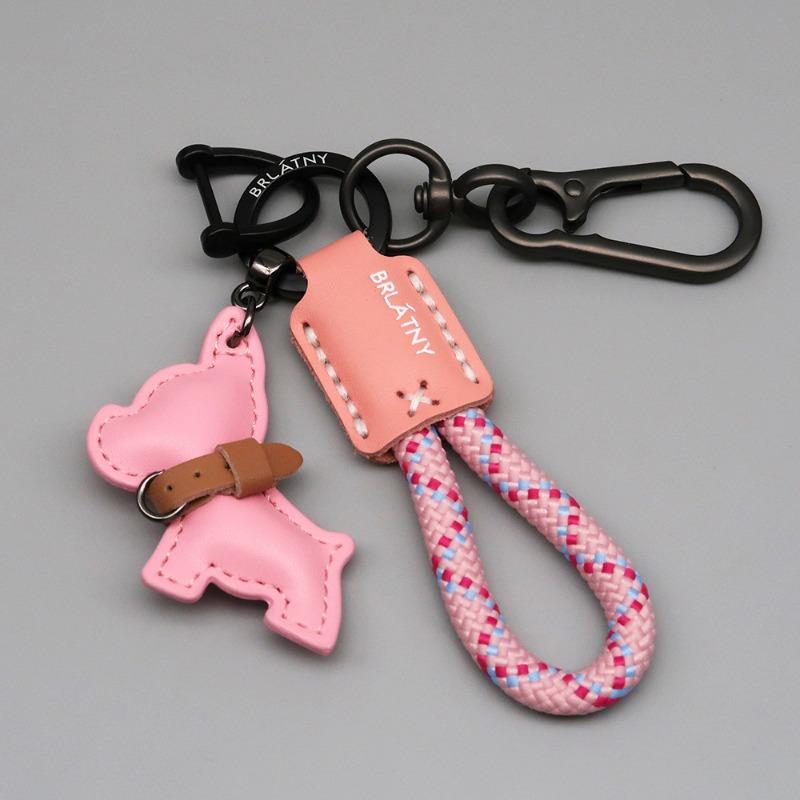 French Bulldog Keychain Handmade Genuine Leather, Braided Rope Key Chain with Anti-Loss Strap for Women Men, Car Key Organize