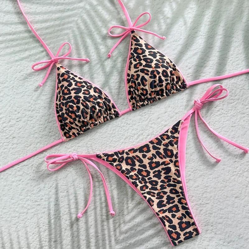 Women's Sexy Slim Fit Bikini Set, Tropical Print Halter Lace-up Triangle Swimsuit
