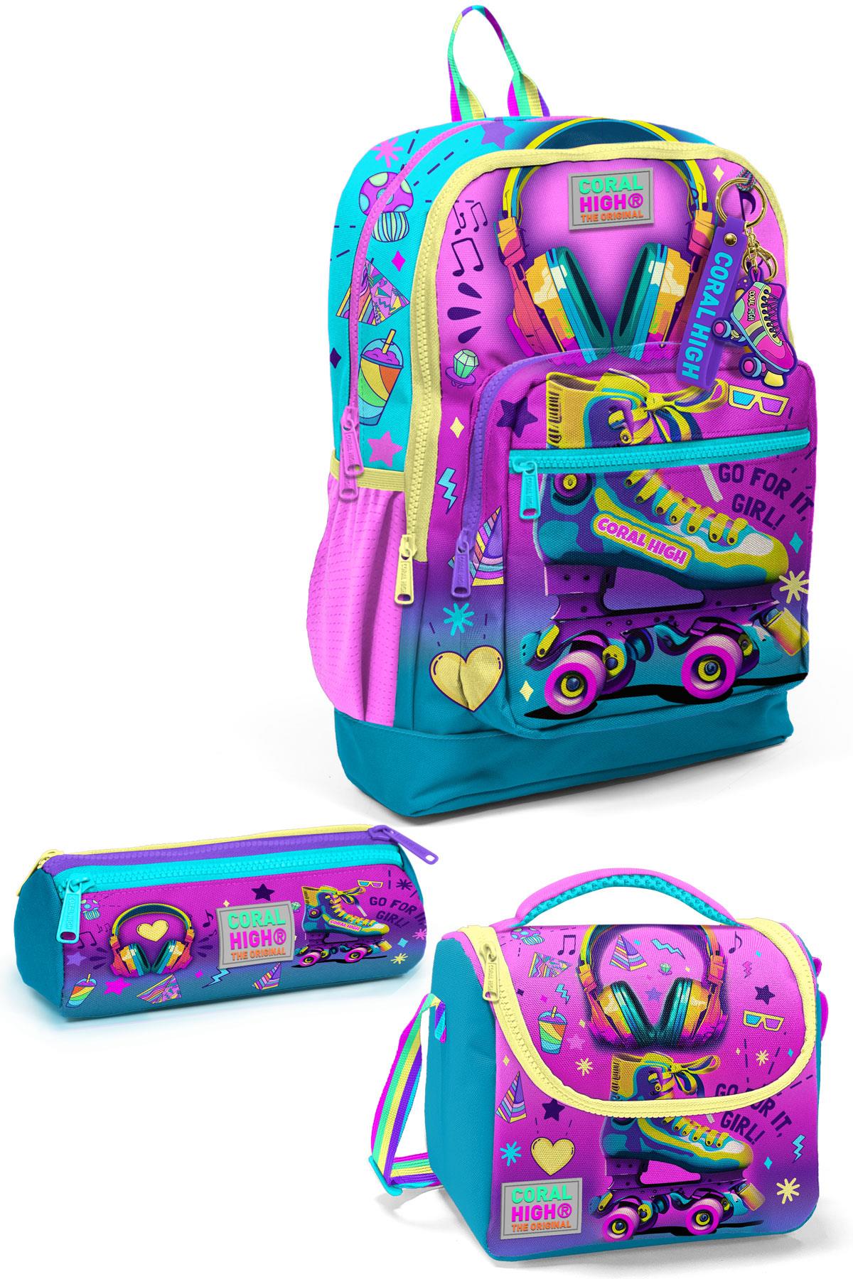 

Коралловые высокие детские розовые бирюзовые наушники, школьная сумка с рисунком скейта, комплект из 3 предметов SET0123754