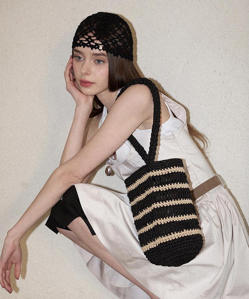 Slowslowly Moroccan Handmade Crochet Stripe Bucket Bag _ Black