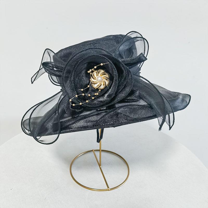 New Women's Summer Korean Style Wide Brim Sun Hat with Mesh and Organza Floral Design