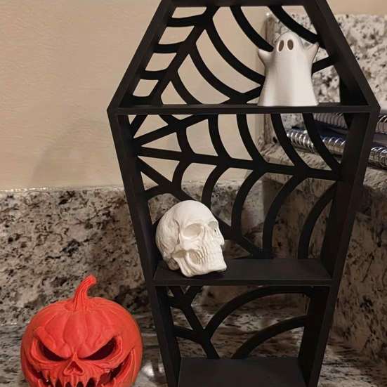 Halloween Party Table Decor Coffin-Shaped Spider Web Display Shelf, 3D Printed Gothic Tiered Mini Stand Figurine, Room Accessories Black Hollow