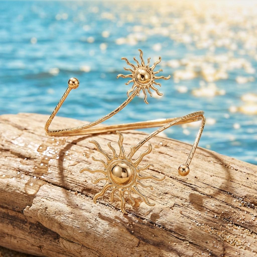 Elegant Sun Adjustable Cuff Bracelet for Women Unique Gold Color Upper Arm Bangle Festival Beach Party Jewelry Gift