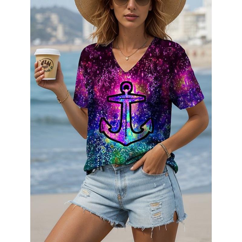 Plus Size Loose Women's Clothing Outdoor T-Shirt Fashion Tops Short Sleeve 3D Floral Printed Patterns Women's V-neck T-shirt Daily