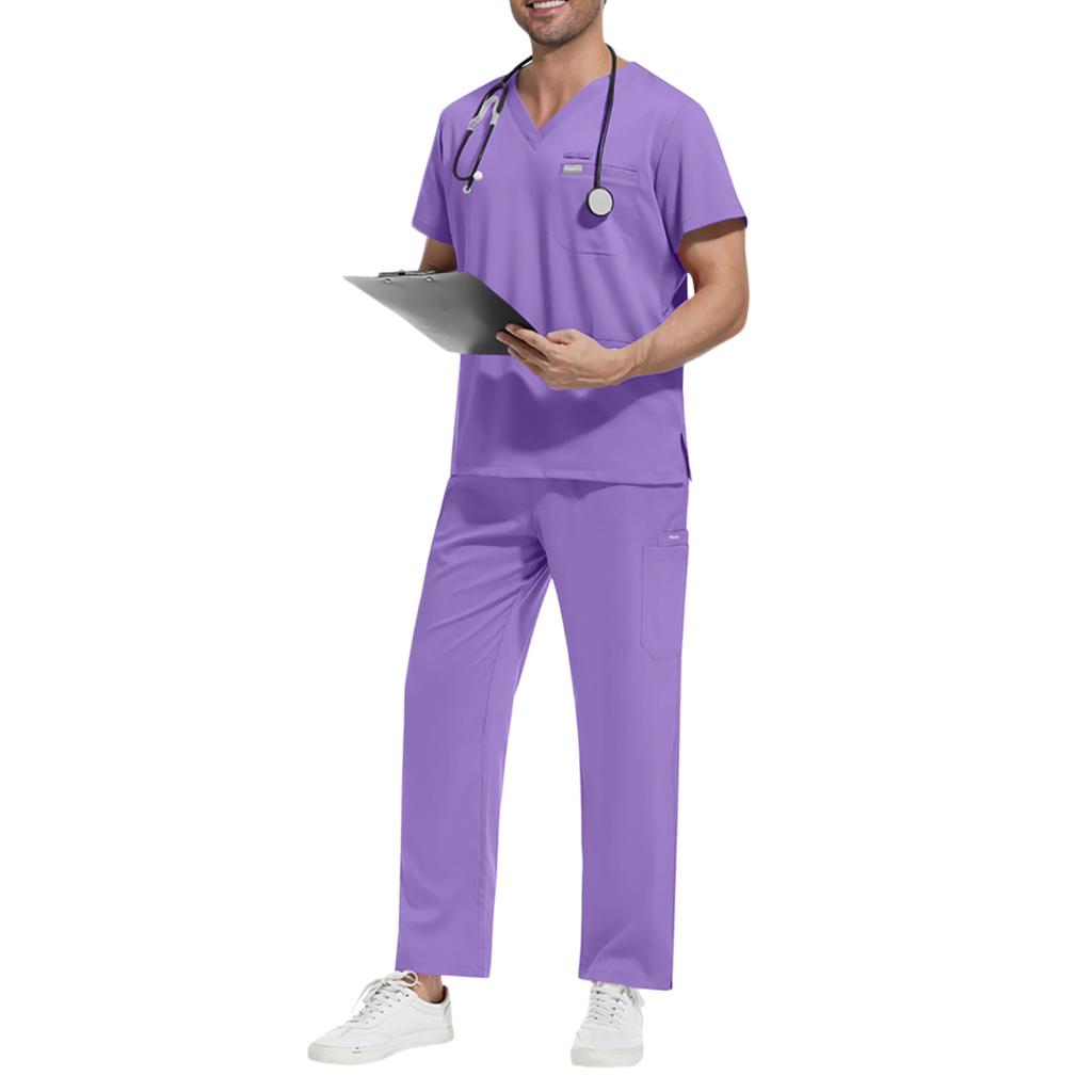 Men's Loose And Comfortable V-neck Short Sleeved Workwear With Tie Up Top And Waist Cinching Beauty Suit Set