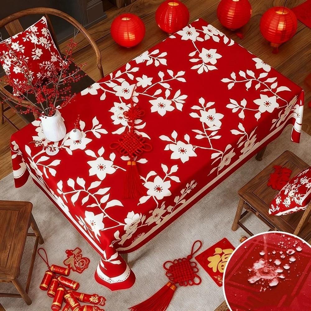 Festive Waterproof New Year Tablecloth Stain Resistant Light Luxury Table Cover Cartoon Washable Coffee Table Mat Restaurant