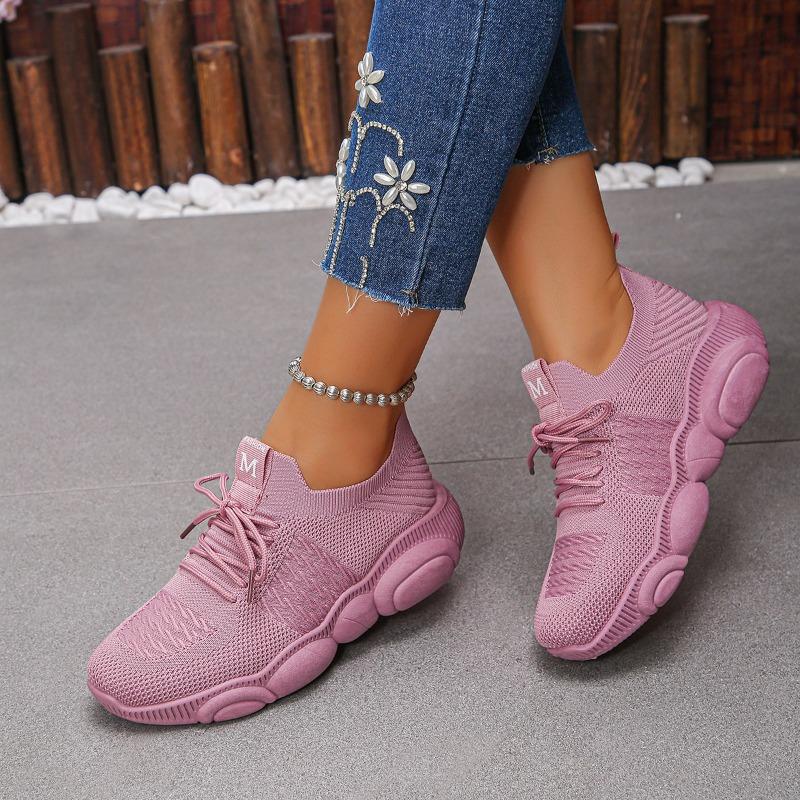 

Fashion Casual Sneakers Autumn New Round Toe Knit Mesh Colorblock Front Lace-Up Soft Sole Non-Slip Wear-Resistant Platform Single 41 розовый
