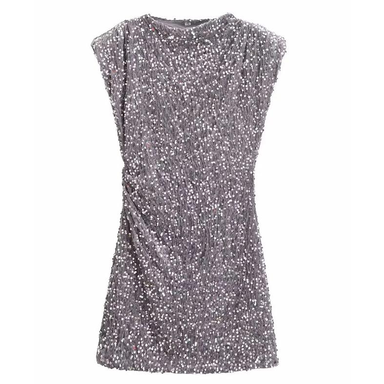Vestito da festa in paillettes argento da donna, sexy, con scollo a V, maniche corte, mini aderente, abiti alla moda