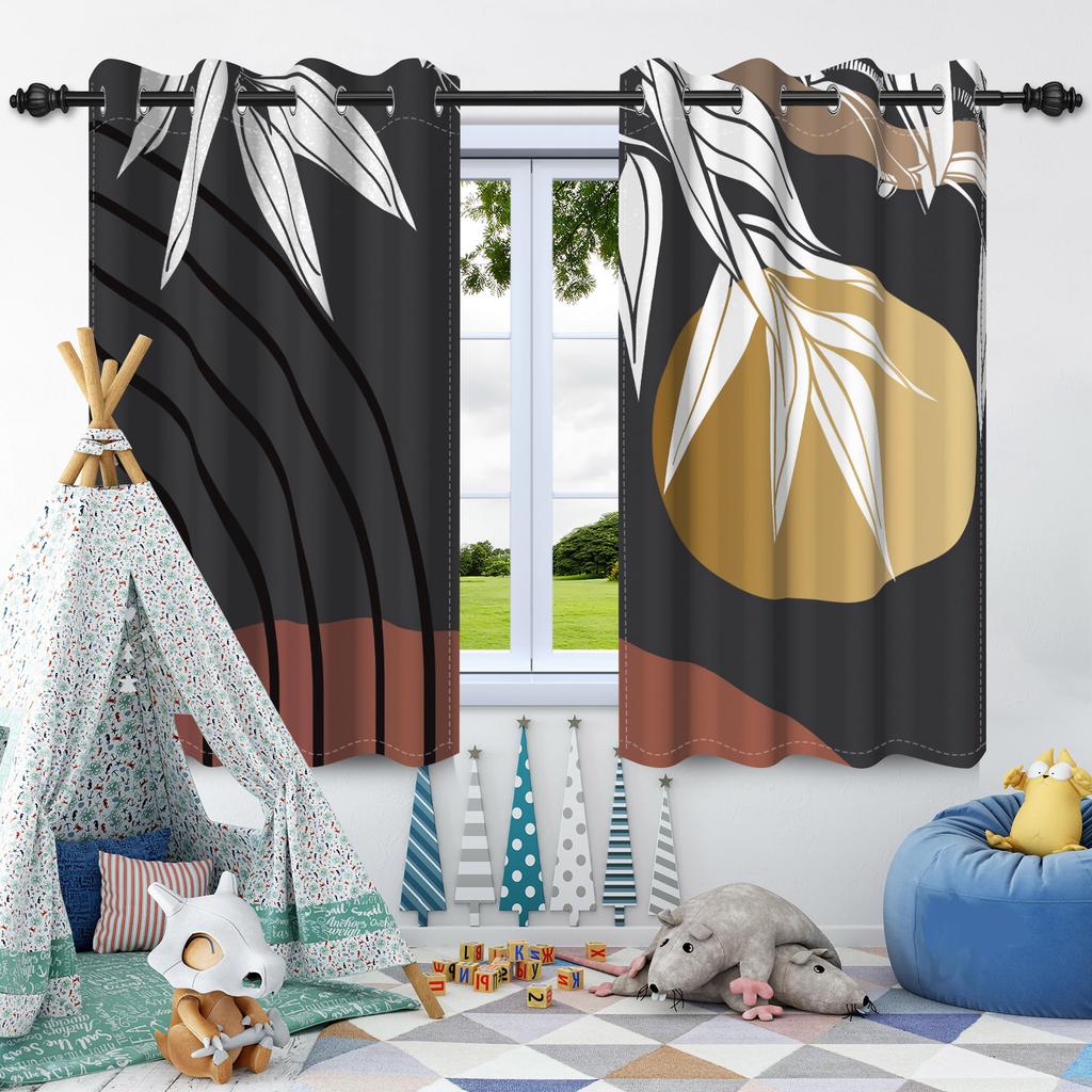 2Pcs Bohemian Style Curtains Plants Leaf Geometric Pattern Blackout Curtains Boho Window Curtain for Bedroom Apartment Decor