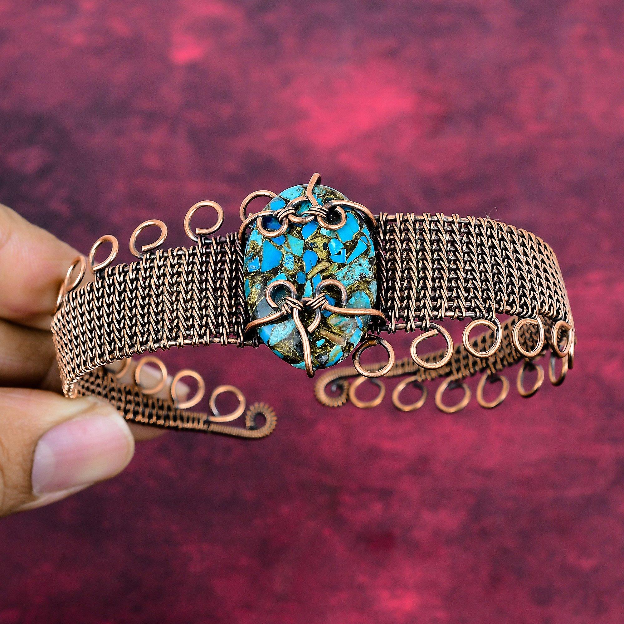 

Copper Chrysocolla Gemstone Cuff Bracelet Copper Wire Wrapped Adjustable Bangle Adjustable