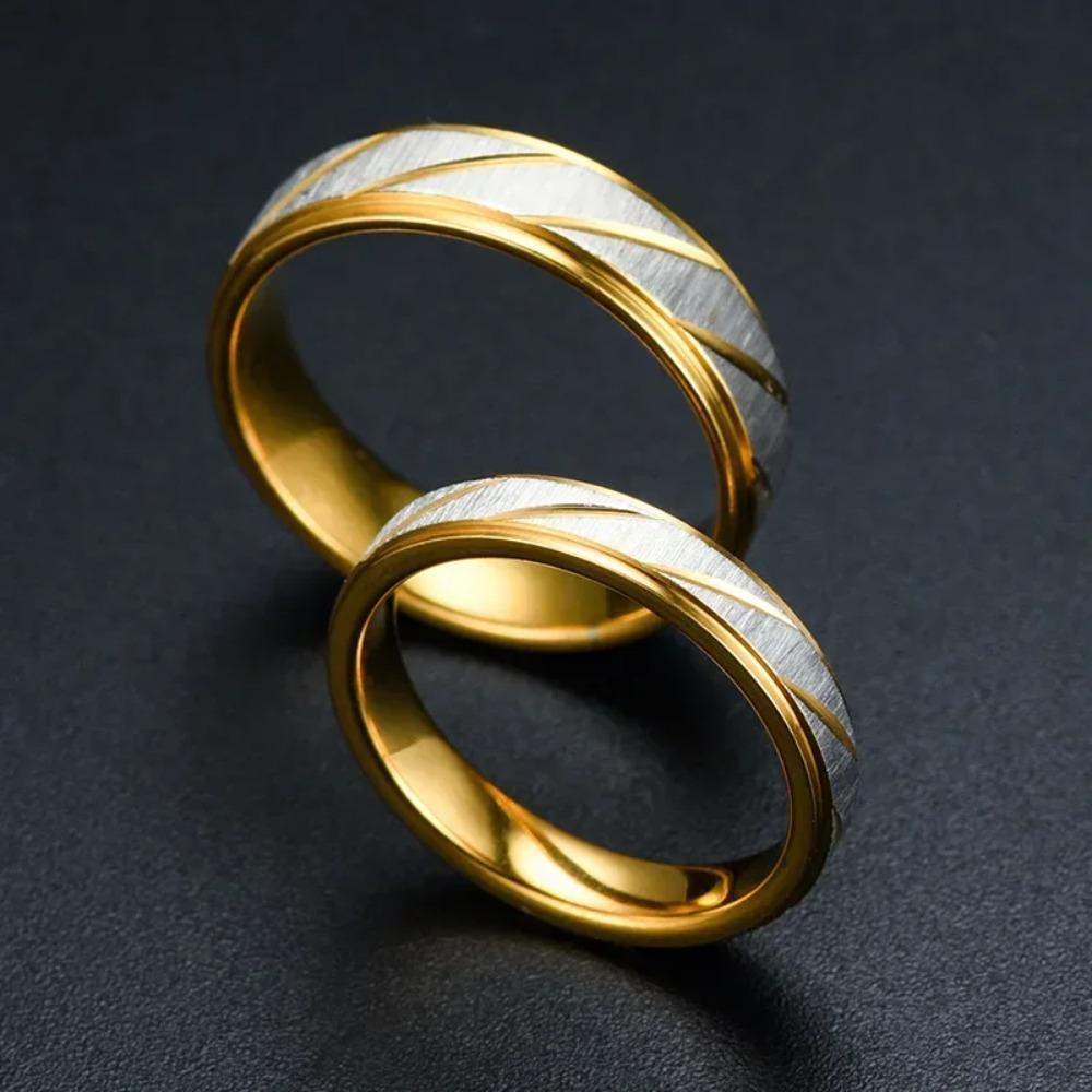 Stainless Steel Gold Color Wave Pattern Couple Wedding Engagement Ring Promise Jewelry Gift