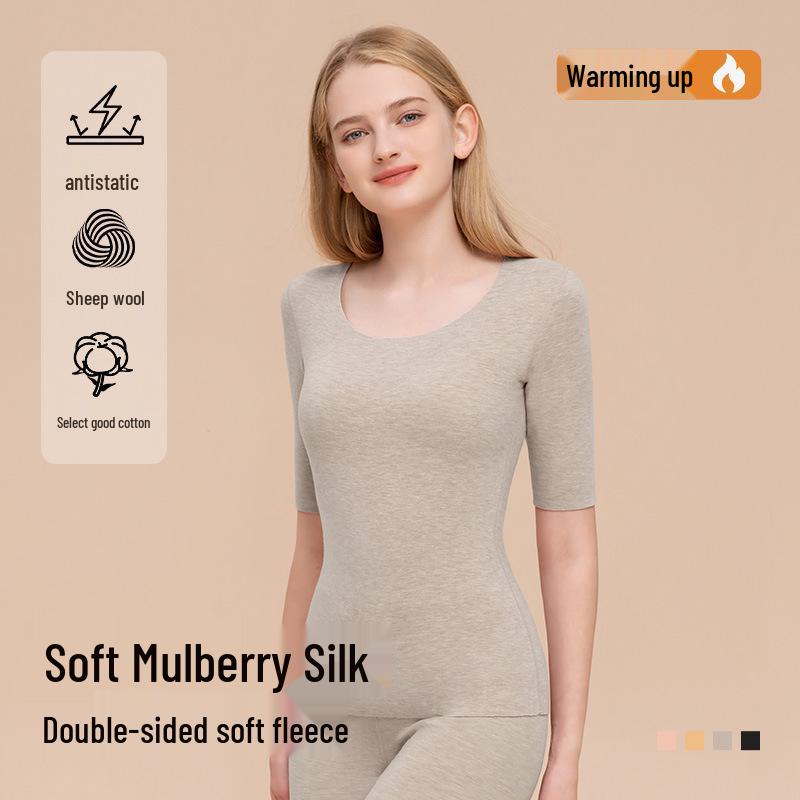 Women's Wool Silk Mid-Sleeve Fleece-Lined Top - Warm Autumn Base Layer