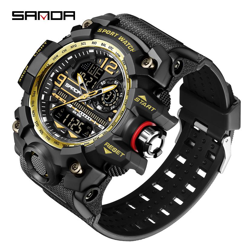 SANDA 3133 Men Quartz Watch Dual Display Multifunction Wristwatches Luminous Sport Waterproof Military Wristwatch for Male