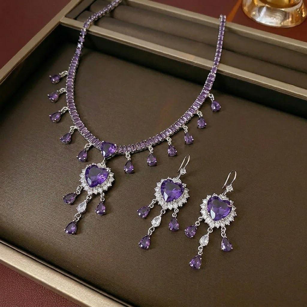 Conjunto de Collar y Pendientes con Corazón de Zirconia de Moda Transfronterizo en Morado Claro