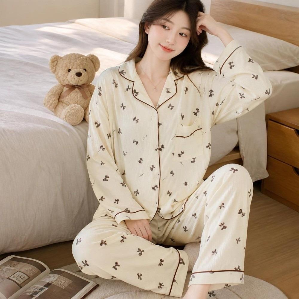 Bear Long Pajama Set Bow Lady Nightwear Suit Comfortable Women's Loungewear Female