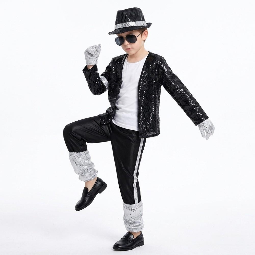 Kids Boy Michael Jackson Cosplay Black Suit Dance Disco Halloween Fancy Dress Up 80s Pop King Costume for Top Pants