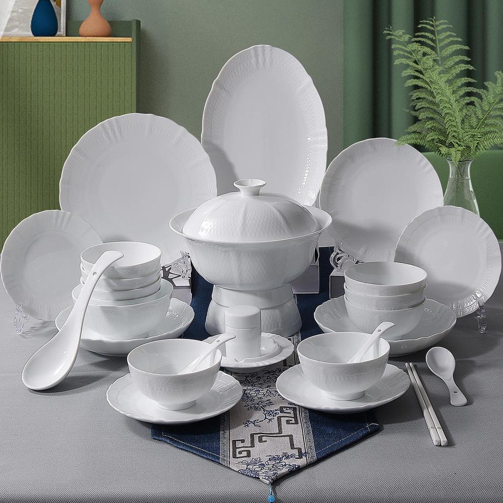 Jingdezhen High-Value White Porcelain Tableware Set: Underglaze Color Relief Bowl and Plate Collection