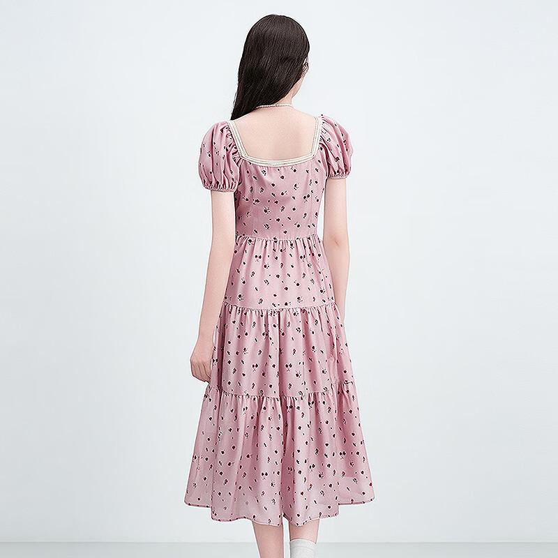 Ledin Pink Raspberry Floral Contrast French Short Sleeve Dress