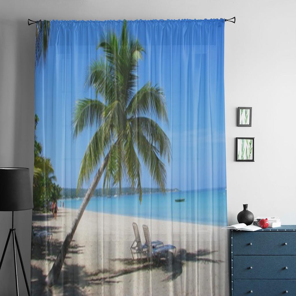 Chairs On Tropical White Sand Beach Sheer Curtain For Living Room Modern Voile Tulle Window Curtains For Bedroom Kitchen Drapes