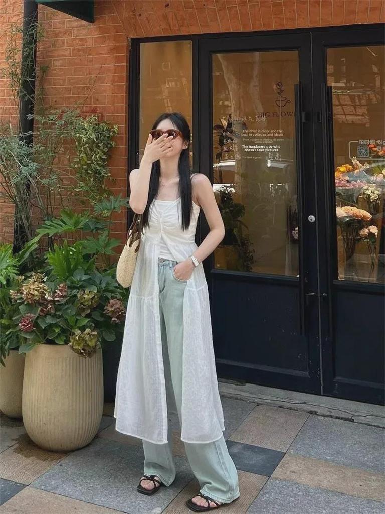 White Mesh Sleeveless Suspender Dress - French Style, Layered, Loose Fit, Slim, Long Skirt, New Summer Collection