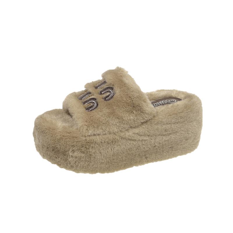 Thick-soled Fluffy Slippers Women's Outer Wear 2025 New Autumn and Winter Casual Fashion Plush Letter One-word Cotton Slippers