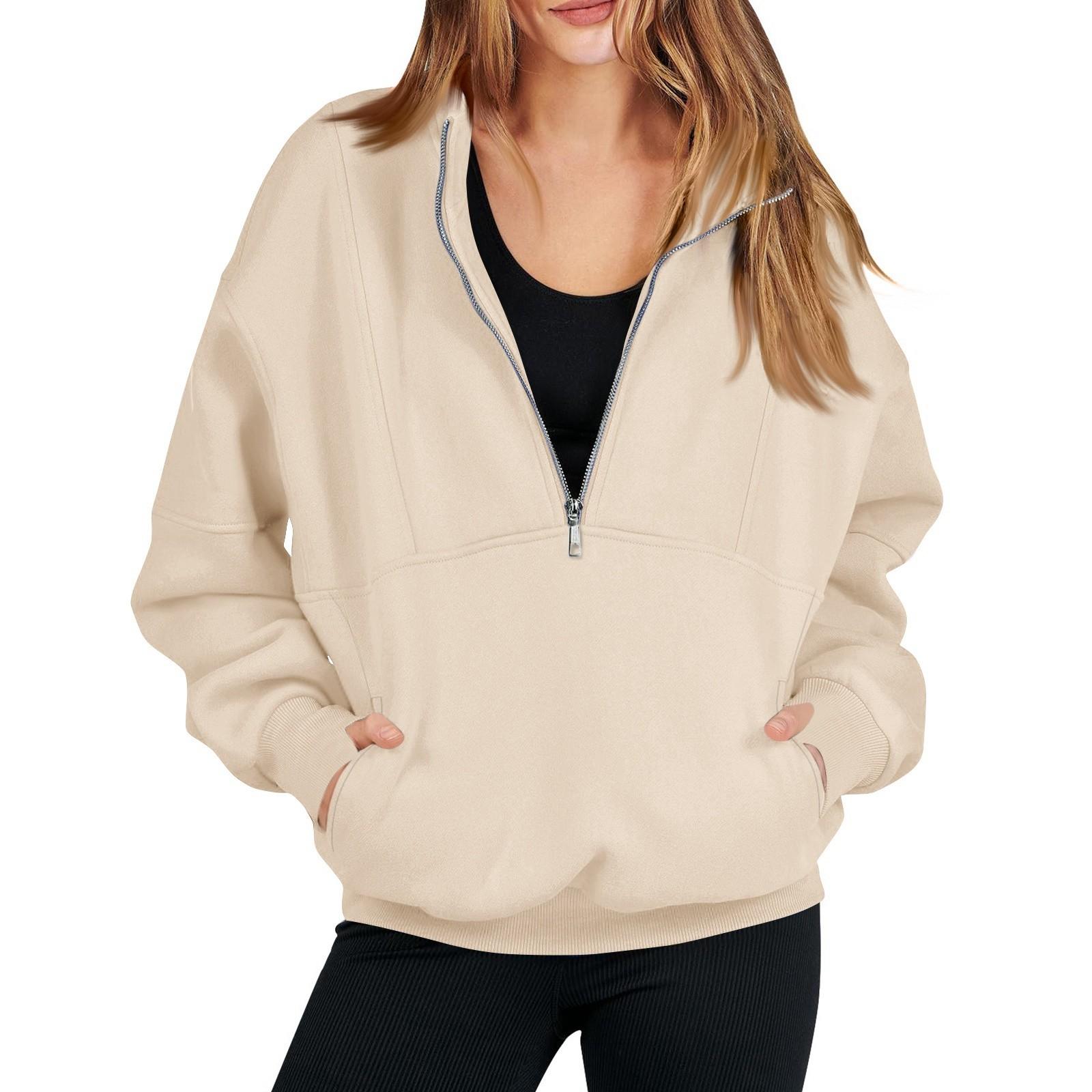 

Женская модная однотонная повседневная толстовка с длинными рукавами и карманом на молнии M хаки