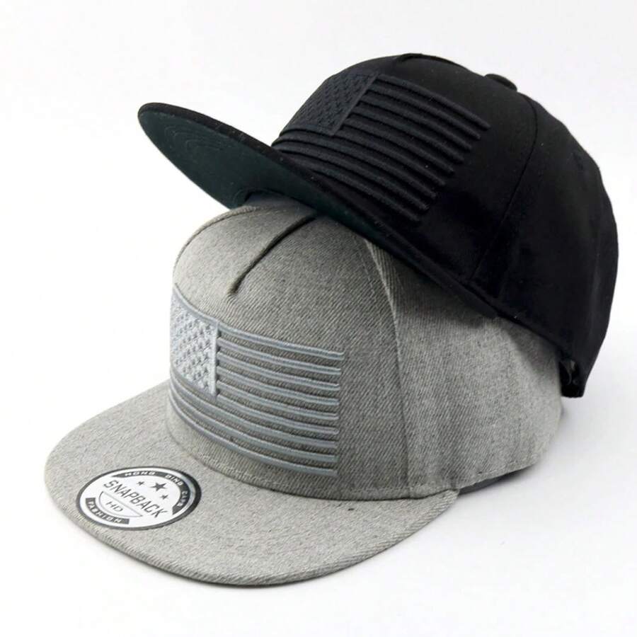Gray Snapback Cap With USA Flag Embroidery Casual Baseball Hat For Men And Women