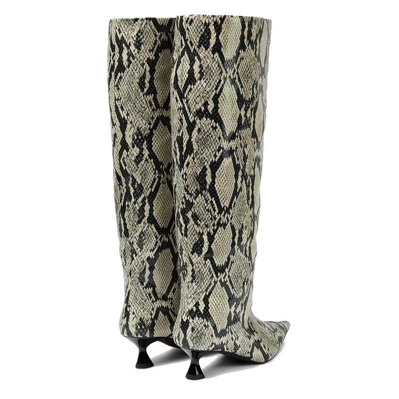 Fashion Brand Snake Pattern Low Heel Women's Knee Long Boots Fashion Stage Show Black Sexy Autumn and Winter Women's Shoes Size 34-43