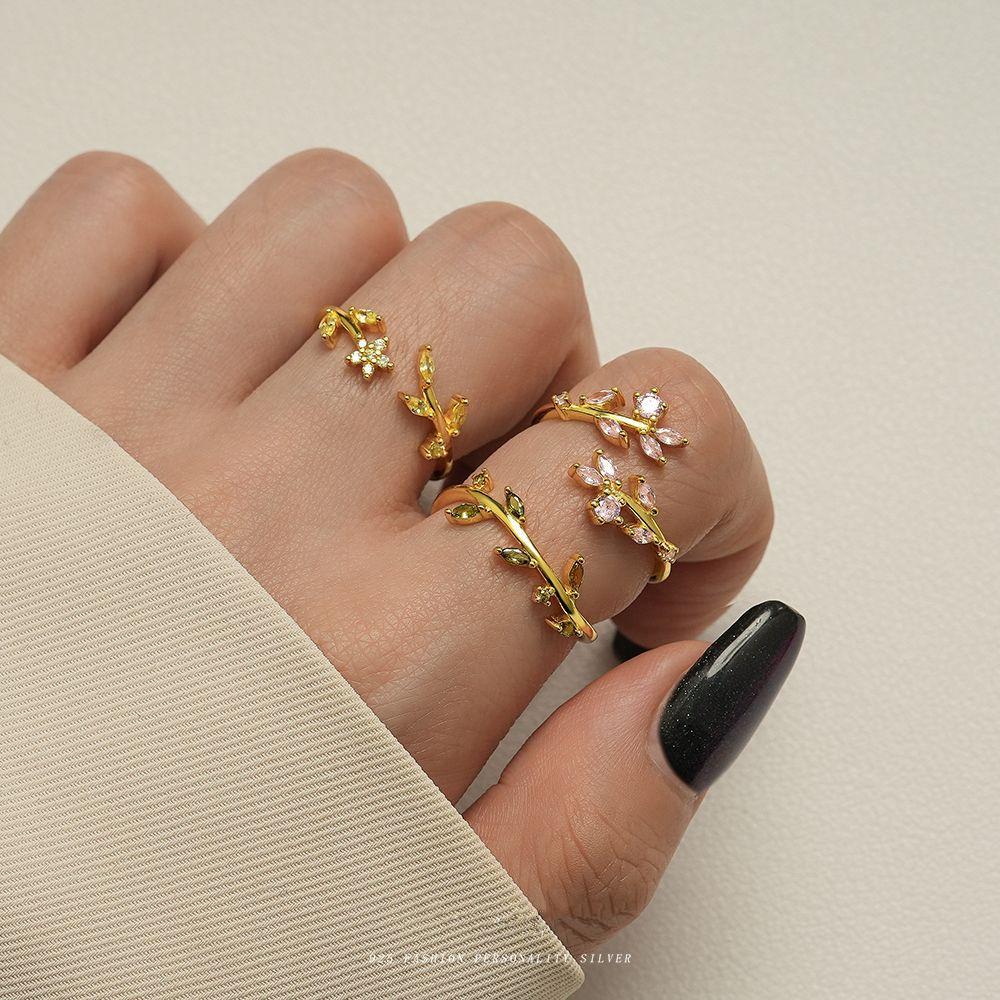 925 Sterling Silver Exquisite Colorful Zircon Flowers Leaves Ring For Women Double Design Size7 Adjustable Party Wedding Jewelry